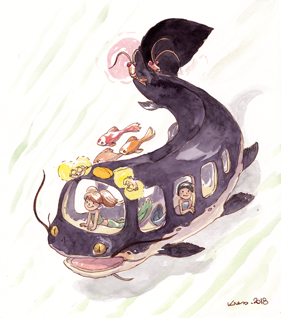 Catfish bus - Poisson-Chat Bus Ghibli Fanart Aquarelle