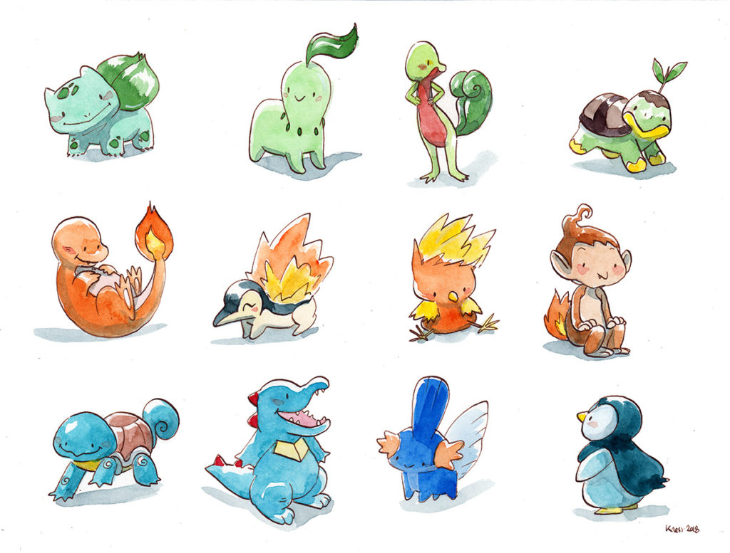 12 pokemon starters aquarelle