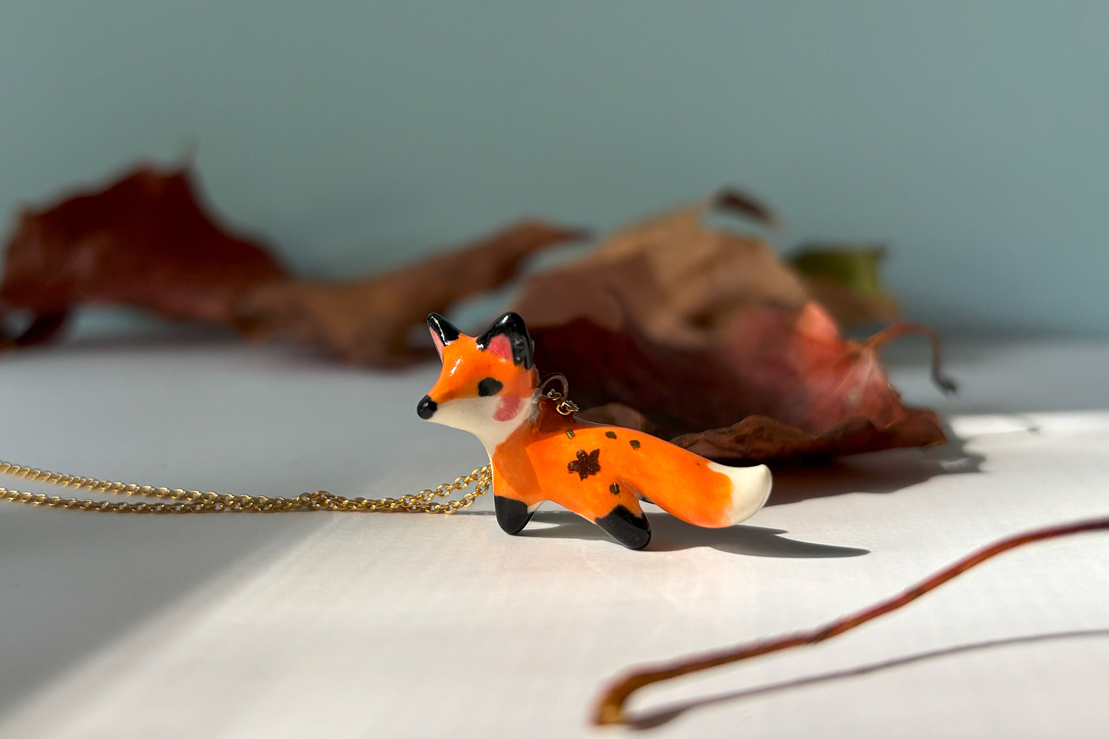 Pendentif Porcelaine - Renard Roux et Or