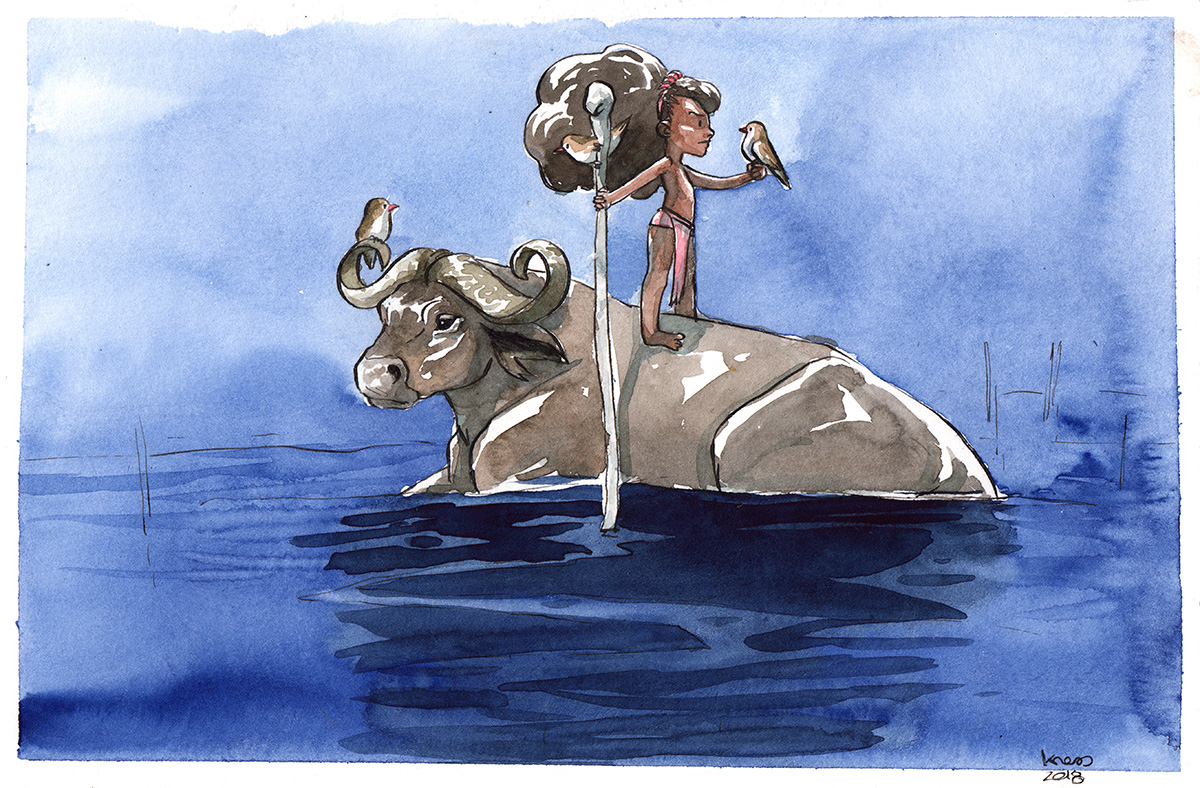 enfant et buffle africain