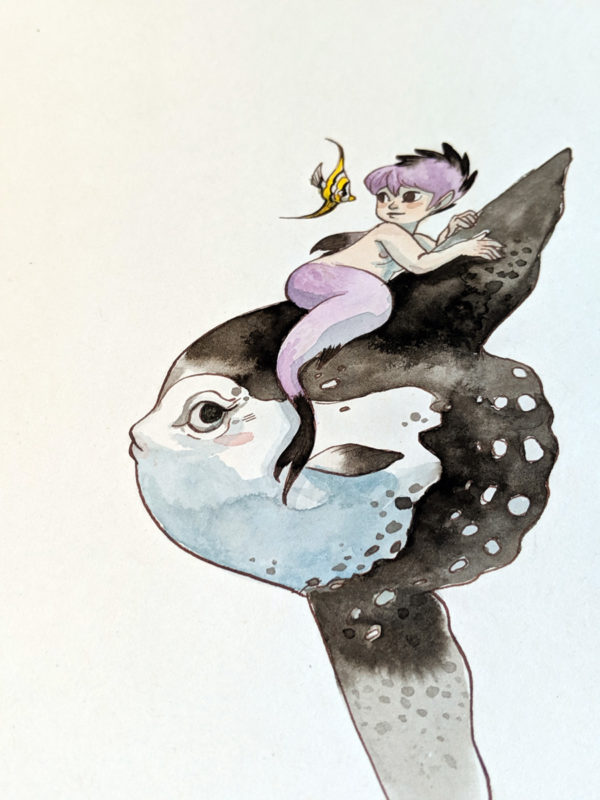 Aquarelle poisson lune et sirène