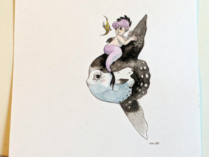 Aquarelle poisson lune et sirène