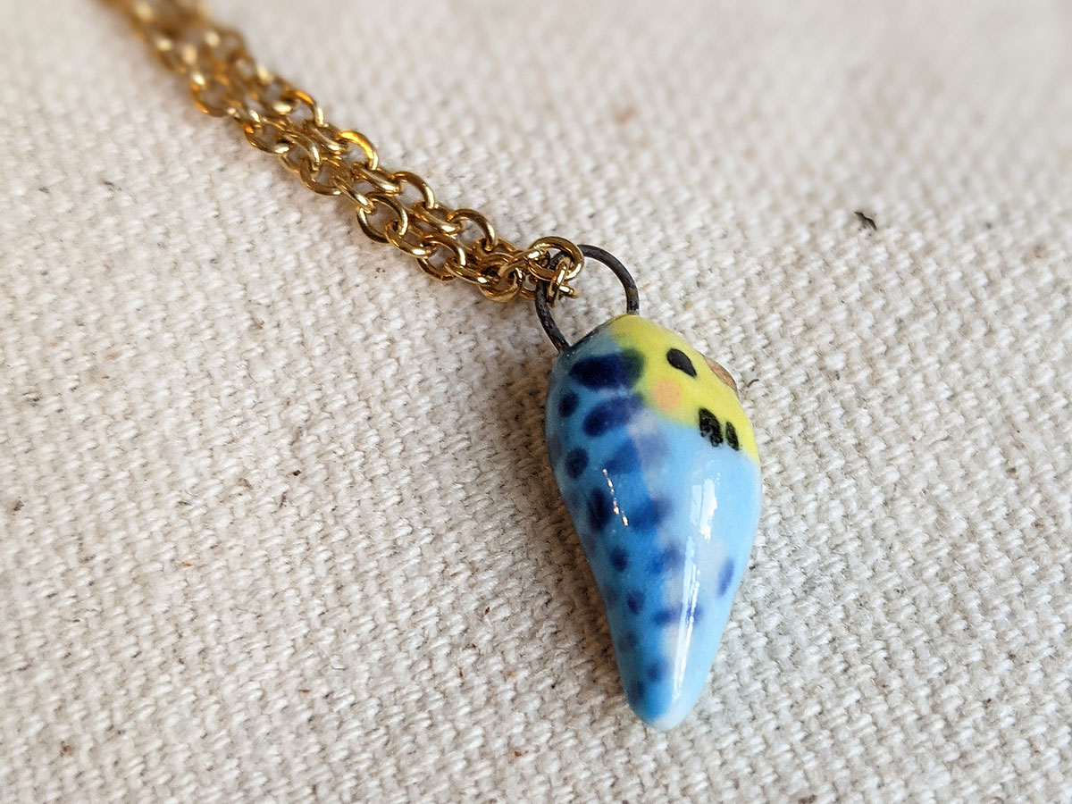 Gold and Turquoise Ceramics Budgie Pendant - Kness