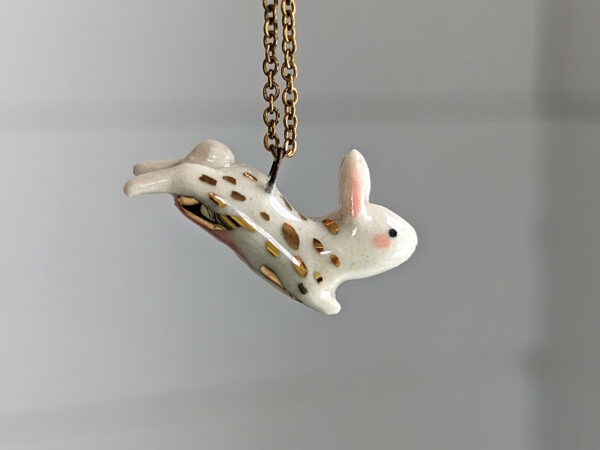 cute bunny porcelain pendant in gold and white