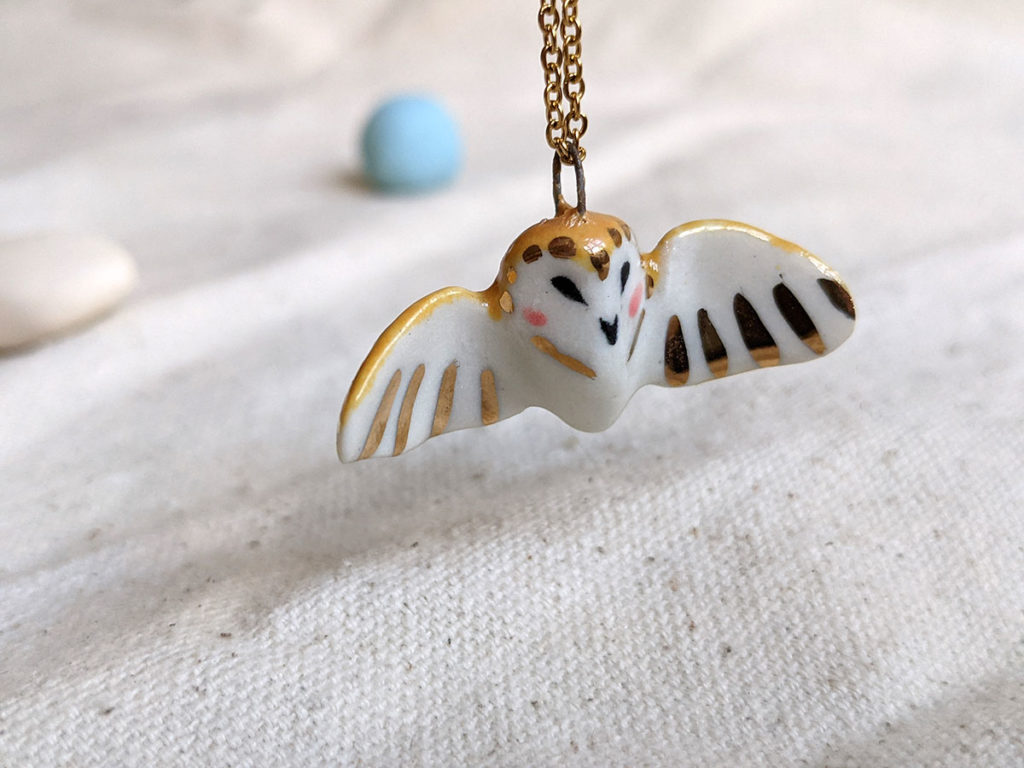 clay animal  - barn owl wings pendant porcelain