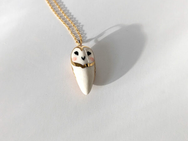 cute porcelain barn owl pendant with gold