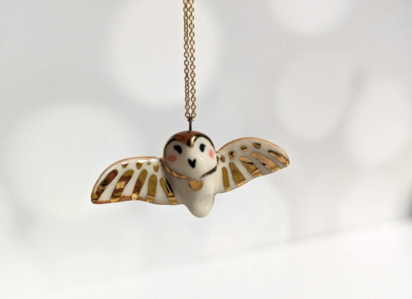 porcelain pendant barn owl wings out gold
