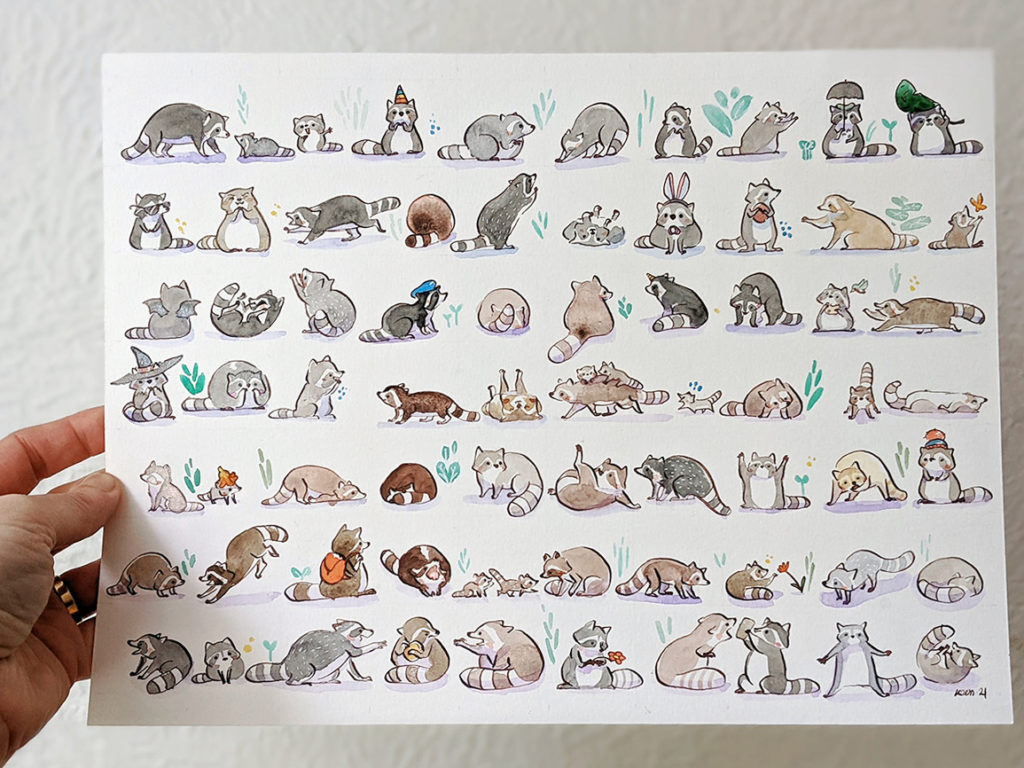 raccons drawing watercolor - animal illustration