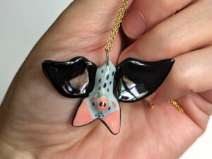 handmade cute porcelain pendant grey bat