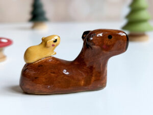 Handmade capybara ceramic figurine mom and baby