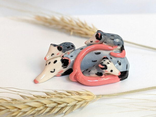 cute opossum family porcelain sculpture