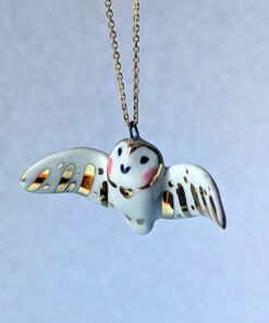 cute handmade porcelain barn owl pendant with wings out and gold
