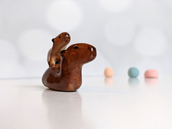 Handmade capybara ceramic figurine mom and baby