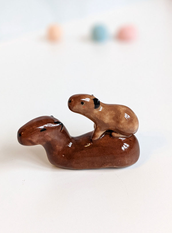 Handmade capybara ceramic figurine mom and baby