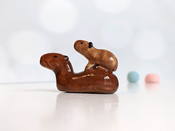 Handmade capybara ceramic figurine mom and baby