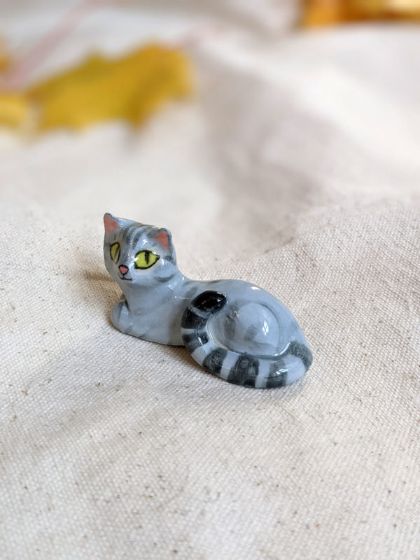 light grey tabby cat figurine porcelain