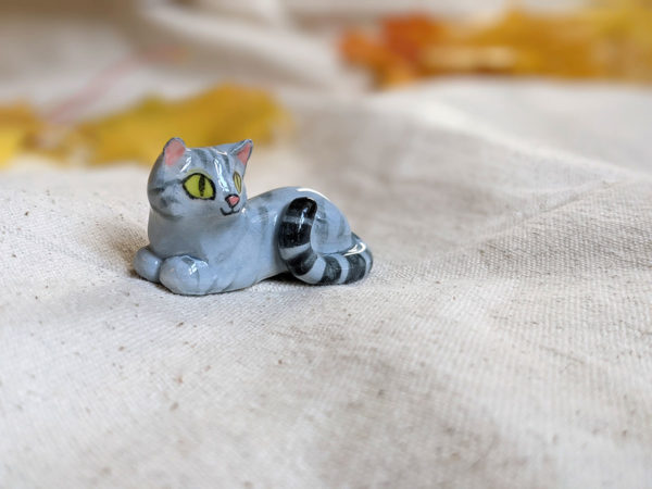 light grey tabby cat figurine porcelain