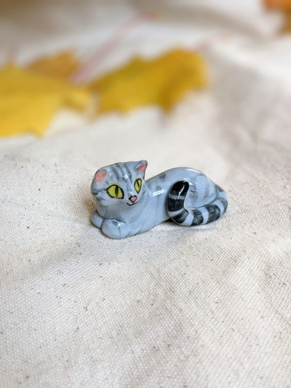 light grey tabby cat figurine porcelain