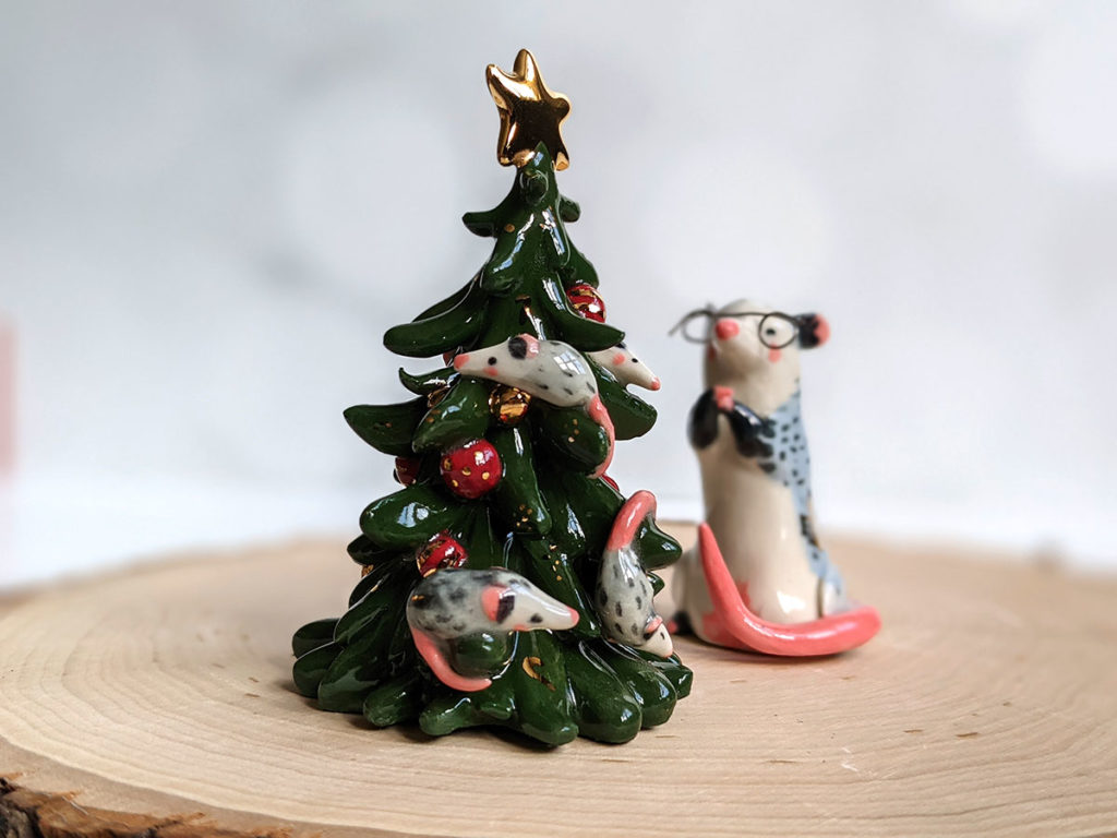 ceramic animal : opossum grandma and Christmas tree