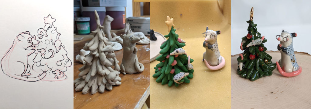 ceramics opossum grandma and Christmas tree