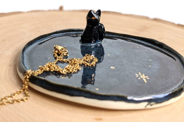 black cat jewelry dish gold