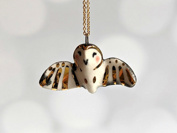 barn owl pendant with gold - open wings