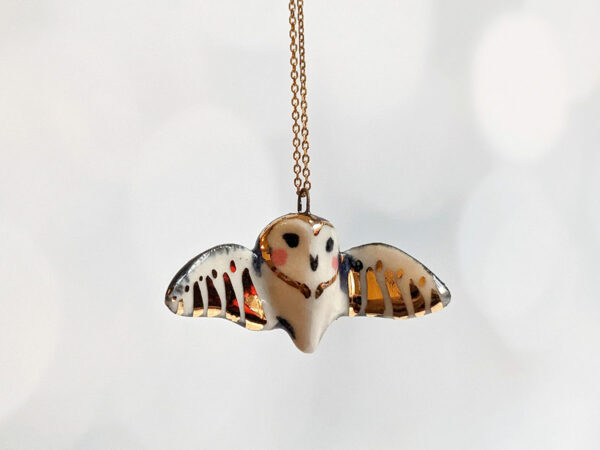barn owl pendant with gold - open wings