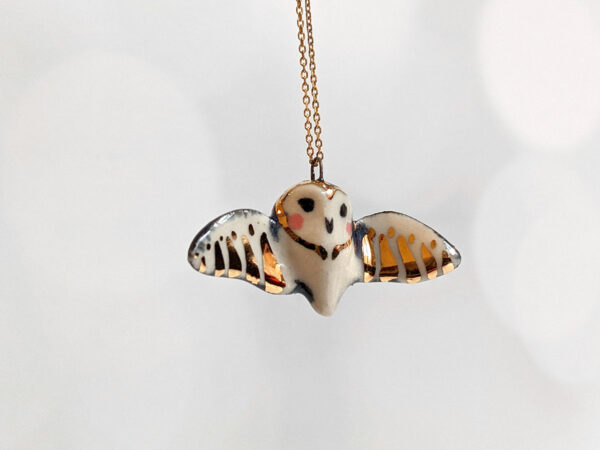 barn owl pendant with gold - open wings