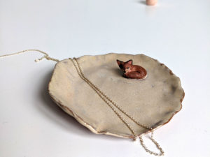 handmade red clay ring dish fox