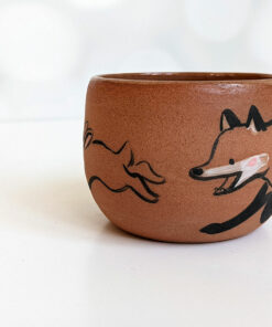 handmade fox hare red clay cup