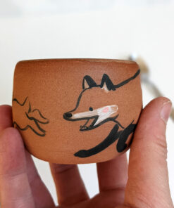 handmade fox hare red clay cup