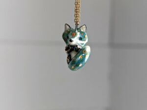 cute blue fox porcelain pendant with gold