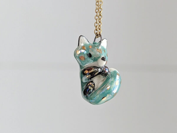 cute blue fox porcelain pendant with gold