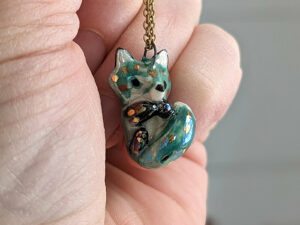 cute blue fox porcelain pendant with gold