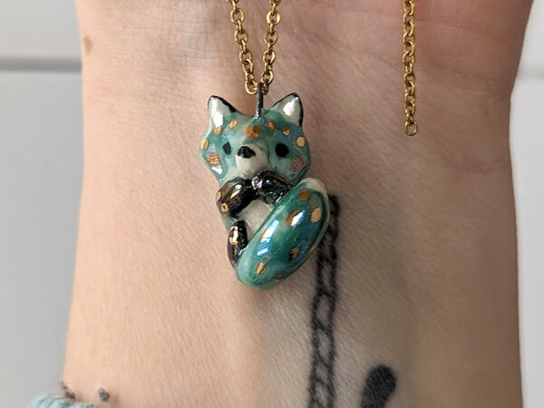 cute blue fox porcelain pendant with gold