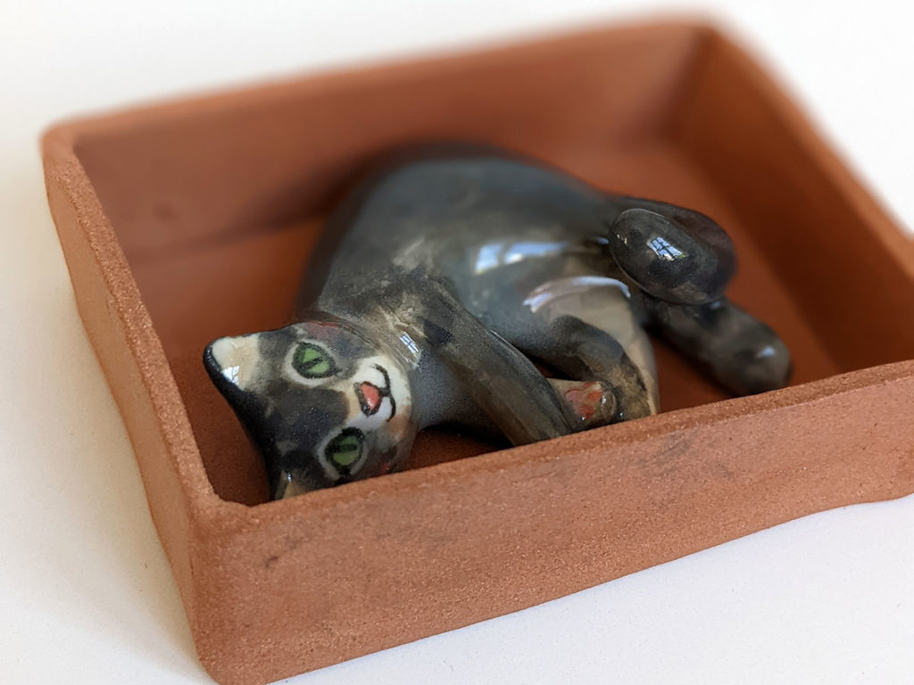 cat in a box ceramic commission
