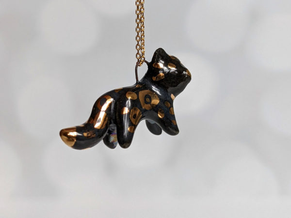 black panther porcelain pendant handmade with gold and pearl