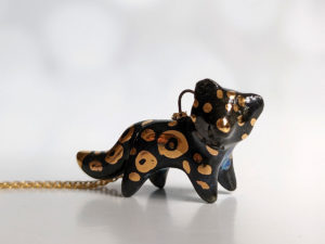 black panther porcelain pendant handmade with gold and pearl