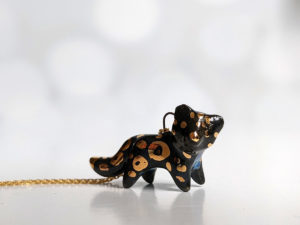 black panther porcelain pendant handmade with gold and pearl