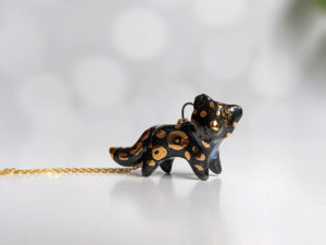 black panther porcelain pendant handmade with gold and pearl