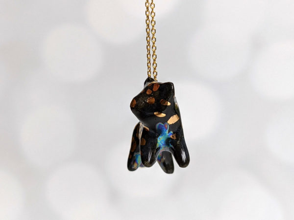 black panther porcelain pendant handmade with gold and pearl