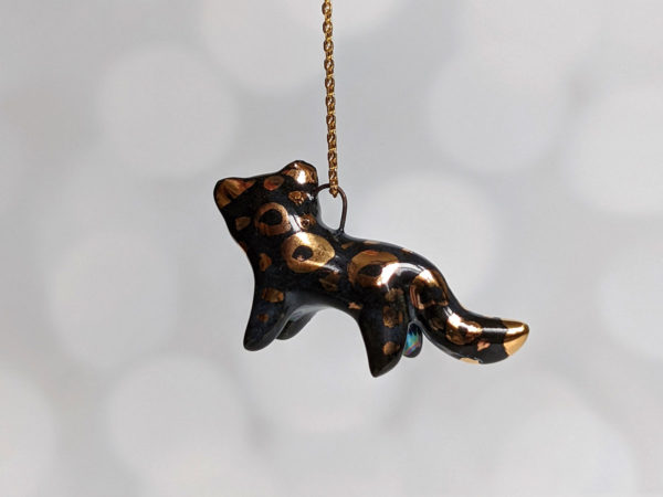 black panther porcelain pendant handmade with gold and pearl