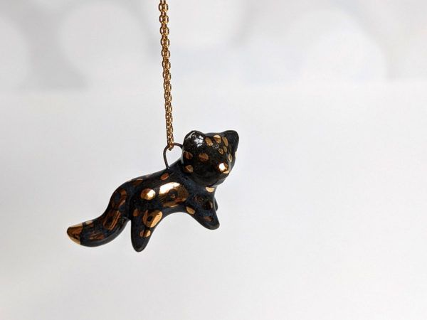 black panther porcelain pendant handmade with gold and pearl