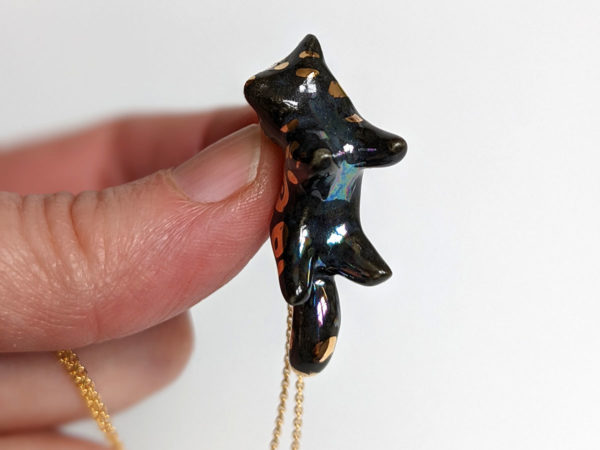 black panther porcelain pendant handmade with gold and pearl