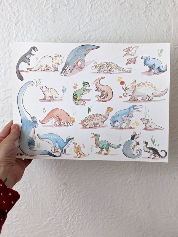 Cute Dinosaurs Watercolor Original Painting