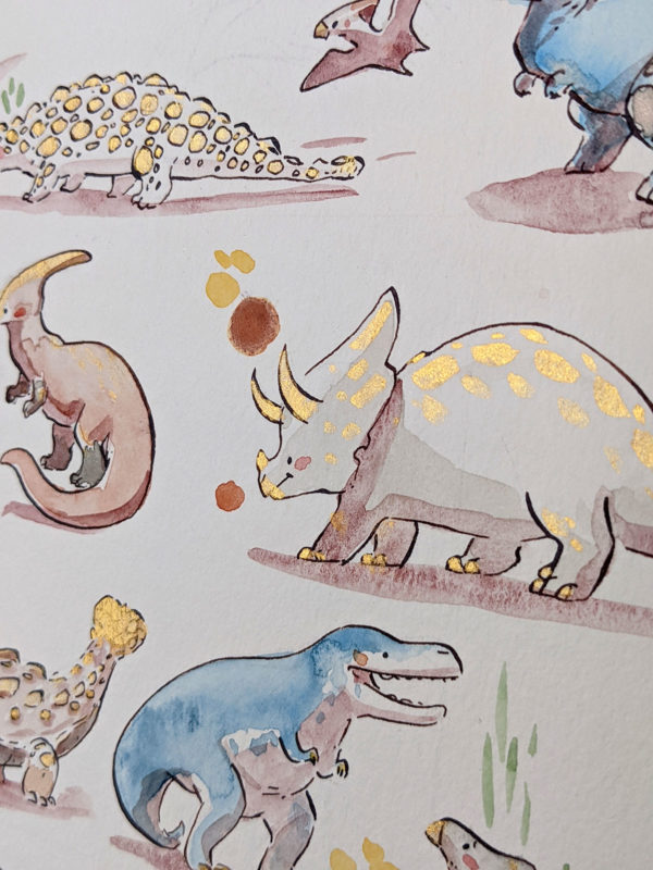 Cute Dinosaurs Watercolor Original Painting