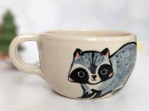 stoneware handmade tea cup raccoon