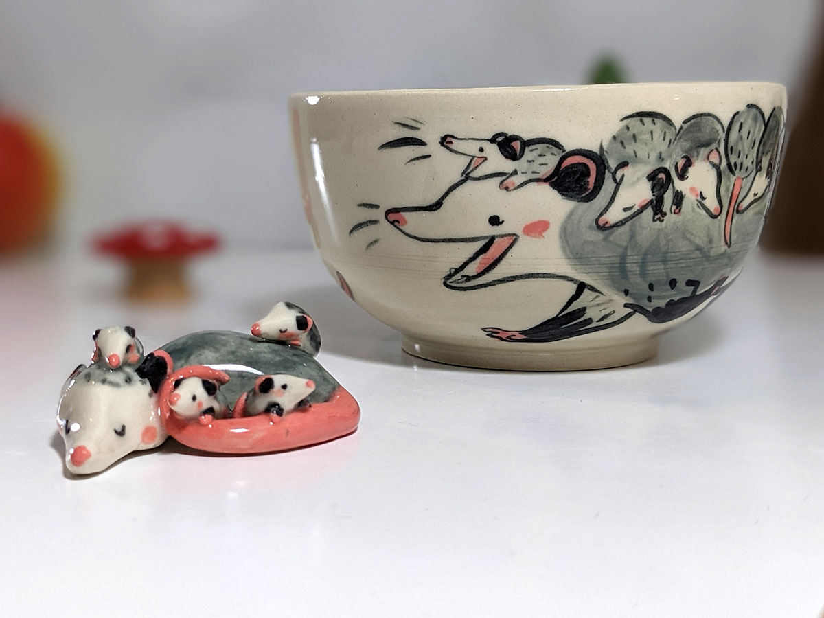 custom ceramic order : opossum mamas bowl and figurine