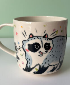 cute mug handmade pottery by kness raccoon family
