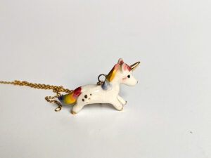adorable porcelain pendant unicorn with rainbow mane and tail, gold, handmade, one of a kind by kness